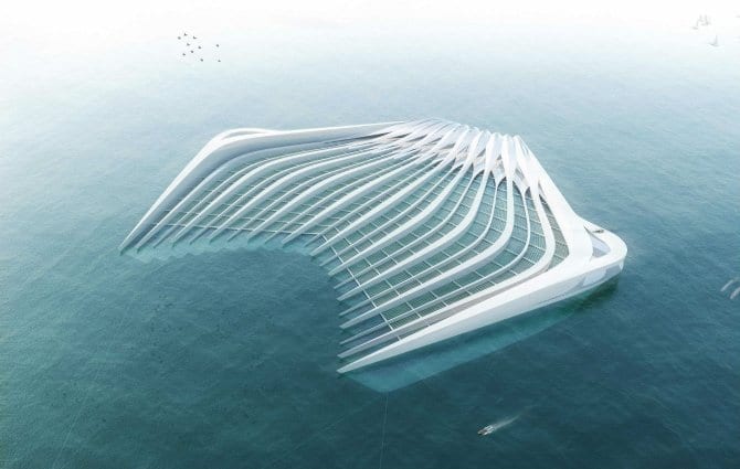 Eine schwimmende Plattform, deren spezielle Bauweise es ermöglicht, Plastik und Plastikpartikel aus dem Wasser zu filtern.