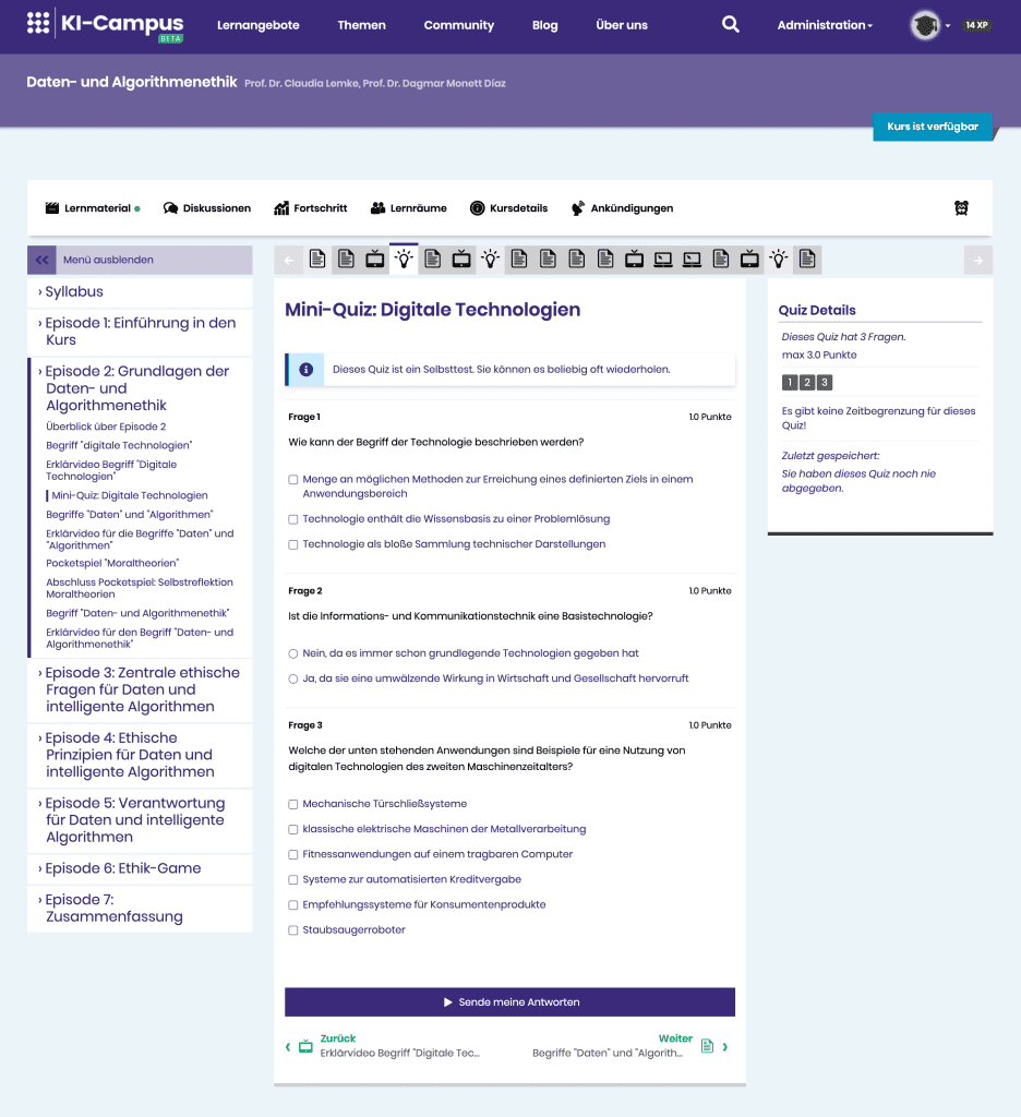 Quizfragen beim KI-Campus: Die Lernplattform für individuelle Lernstrategien und den Austausch zwischen lernenden Communities.