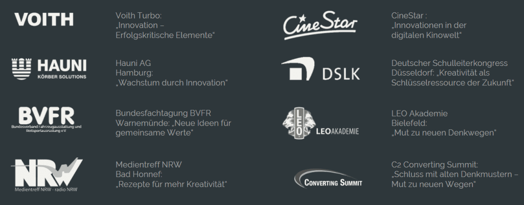 Innovationsexperte Henryk Mioskowski begeistert das Publikum. Hier eine Auswahl seiner Referenzen als Vortragsredner